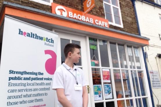 Young Healthwatch Rutland volunteer outside local cafe