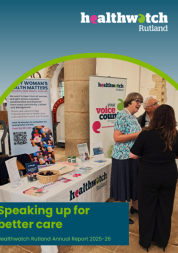 Annual report front cover showing people talking at event
